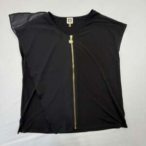 She + Sky Womens Tunic Size S Black Round Neck 1/2 Zip Short Sleeve Top